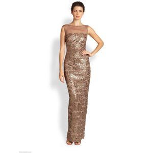 Tadashi Shoji Mocha Mesh Illusion Sequin Lace Gown